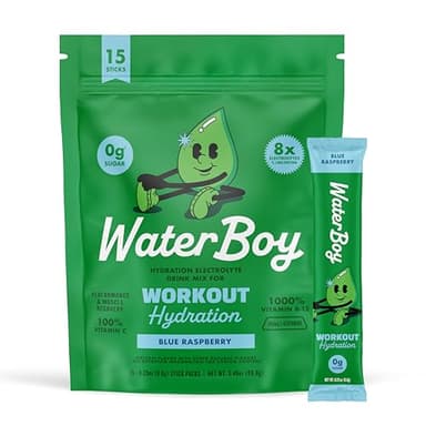 Waterboy Workout Hydration | 2,960mg Sugar Free Electrolyte Powder Packets | L-Glutamine + Vitamins | No Sugar, All Natural, Gluten Free | 15 Drink Stick Mixes (Blue Raspberry)