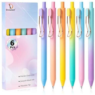 Drawdart Gel Pens, 6 Pcs Smooth Writing No Bleed & Smear, Black Ink Cute Fine Point (0.5mm), Retractable Aesthetic Journaling School Office Supplies for Women & Men