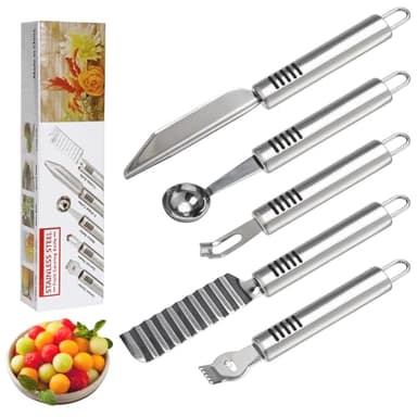 BURLIHOME Stainless Steel Fruit Carving Knife Set, 6 Pack Vegetable Engraving Blades for Kitchen, Melon Baller Scoop,Lemon Zester, Garnish Peeler,Crinkle Knife,V-shape Cutter