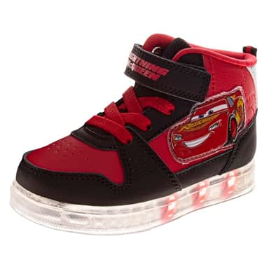 Josmo Cars High Top Shoes with Lights - Lightning McQueen Sneaker Hightops Shoe LED Light Up Lightweight Lace Up Ankle Hi Sneakers - Red (Size 7 Toddler)