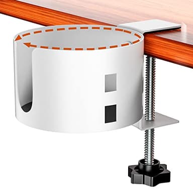 Upgraded Large Desk Cup Holder Clamp, Anti-Spill Cup Holder for Table, Durable 5 Adjustable Directions, Metal Office & PC Gaming Desk Accessories, Enough to Hold Coffee Cups, Water Bottles, White