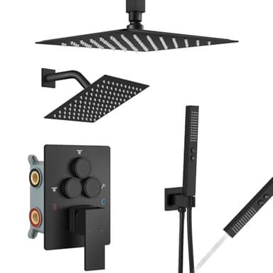 Aolemi Shower Faucet Set Ceiling Mount Shower System Rough-in Valve and Shower Trim Kit 2 in 1 Handheld Spray Push Button Diverter 10 and 6 Inch Dual Shower Head Matte Black