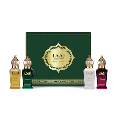 BELLAVITA Luxury Taaj Attar | Long Lasting Unisex Gift Set for Man and Woman 4x12ml | Caramel, Lemon, Cinnamon, and Musk | Non-Alcoholic Roll On | Oud, Floral, Musk | Attar for Men and Women