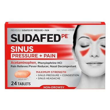 Sudafed PE Sinus Pressure + Pain Relief Tablets, Maximum Strength, Non-Drowsy, OTC Sinus Relief Medicine with Acetaminophen Pain Reliever & Phenylephrine HCl Nasal Decongestant, 24 ct