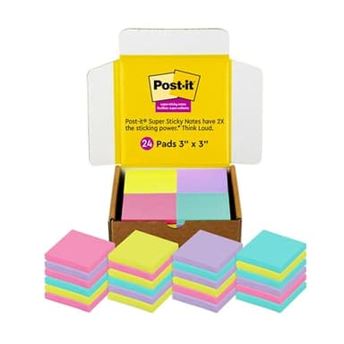 Post-it Super Sticky Notes, 24 Sticky Note Pads, 3 x 3 in, School Supplies, Office Products, Notes for Vertical Surfaces, Monitors, Walls and Windows, Assorted Colors