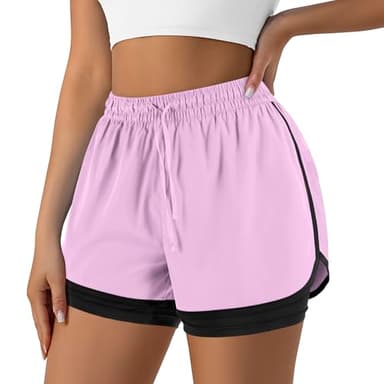 Yevrimow Women's 2 in 1 Running Shorts for Gym Yoga Workout Athletic Shorts High-Waisted Shorts with Liner Pockets Light Pink-XL