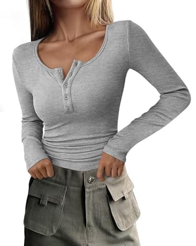 PRETTYGARDEN Women's 2025 Fall Long Sleeve Henley T Shirts Button Ribbed Knit Slim Fit Basic Tops Blouse Casual Outfits (Grey,Medium)