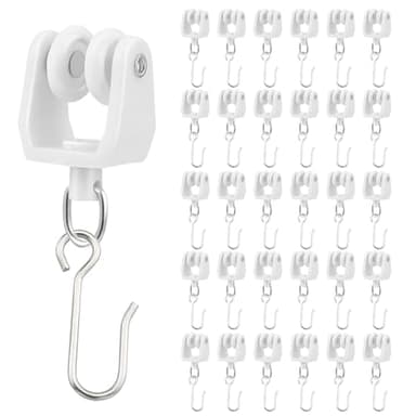 JIHXYER 60 Pcs Ceiling Curtain Track Rollers and Hooks Accessories Sets - 30 Pcs Smooth Rollers with 30 Pcs Metal S Hooks, Strong and Heavy-Duty, White