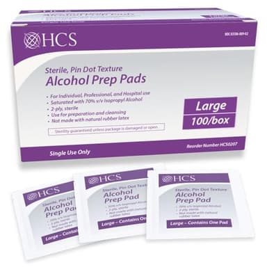 HCS Large Alcohol Prep Pads - Textured, 70% Isopropyl Alcohol Wipes, Individually Wrapped - 2 ply Sterile Skin Prep Swabs for Injections, First Aid (100/Box)