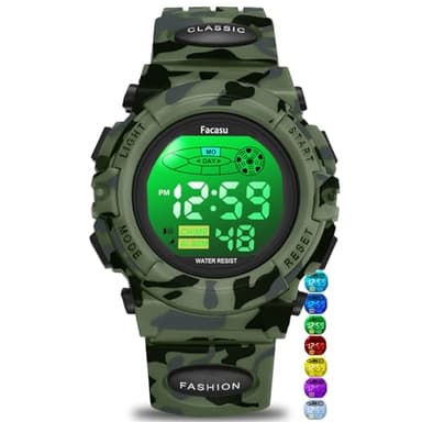 Facasu Camo Sports Watch for Boys-Waterproof Kids Digital Watch with Colorful Light, Alarm&Snooze,Stopwatch Military Design Silicone Band Gift for Birthdays,Christmas(8+ Years)