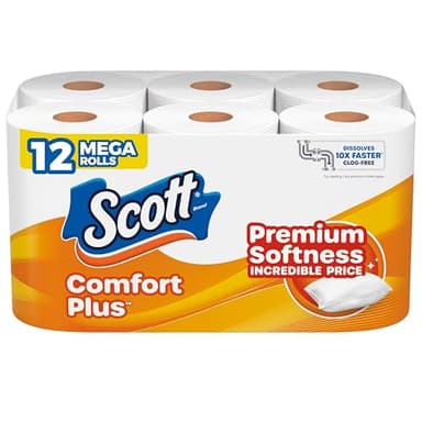 Scott ComfortPlus Toilet Paper, 12 Mega Rolls, 310 Sheets per Roll, Septic-Safe, 1-Ply Toilet Tissue