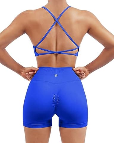 SUUKSESS Women Seamless 2 piece Workout Sets Strappy Padded Sports Bra Booty High Waisted Shorts Outfits (Royal Blue,XS)