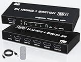 HDMI Splitter 120Hz 4k - 5 in 1 Out 8K HDMI 2.1 Switch Box Port Expander Selector with Remote Support 3D/HDR/HDCP2.3, Compatible with PS 5/4/3 Xbox Switch DVD Player TV PC 4k 120Hz HDMI Splitter