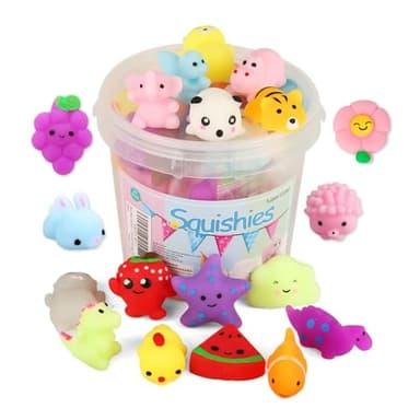 KINGYAO Squishies Squishy Toy 24pcs Party Favors for Kids Mochi Squishy Toy moji Kids Mini Kawaii squishies Mochi Stress Reliever Anxiety Toys Easter Basket Stuffers fillers with Storage Box
