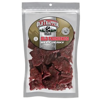 Old Trapper Beef Jerky, Old-Fashioned 8 Ounce Bag, Tender Meat Snacks for Lunches or Between Meals, 11 Grams of Protein, Zero Grams of Fat, and 70 Calories per Serving (Pack of One)