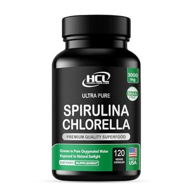 Chlorella Spirulina Powder Capsules 3000 mg of BMAA Free Purest Blue Green Algae - Best Natural Detox Raw Vegan Vitamins Protein Green Superfood - Made in USA