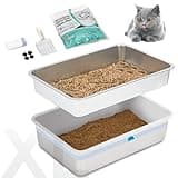 Bamofany XL Stainless Steel Sifting Litter Box for Pine Pellets,Stainless Steel Litter Box, Durable, Rust-Proof, Odor-Resistant, Easy to Clean – Includes 6.6LB Pine Litter, 12 Liners & Scoop