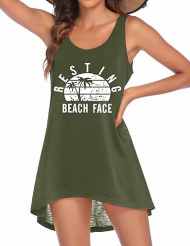 Ekouaer Bathing Suit Cover Ups Beach T-Shirt Dress Sun Pattern Beach Dress for Women Army Green Medium