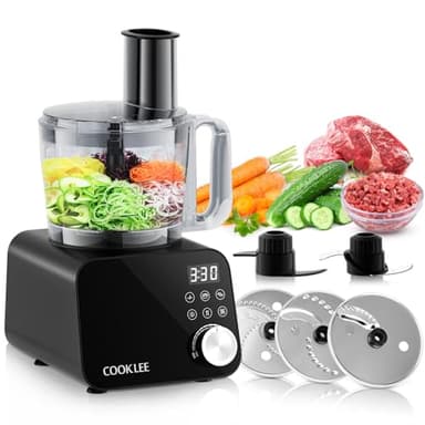 COOKLEE Food Processor, 600 Watts, 6 Functions Electric Vegetable Chopper for Chopping, Mincing, Dicing, Shredding, Slicing, Purees & Dough with 12cup Processor Bowl, Food Chute & Pusher, Black