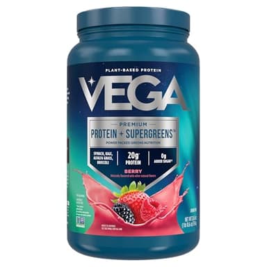 Vega Protein + Supergreens - 20g Plant-Based Protein, Berry, 26 Servings, Real Greens & Veggies, Vegan Keto, 0g Added Sugar, Non-GMO, Gluten Free, Dairy Free, 1.7lbs (Packaging May Vary)