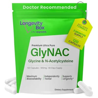 Longevity Box Ultra Pure GlyNAC Supplement 1000mg (500mg Glycine + 500mg N-Acetyl Cysteine) - Glutathione Precursor for Healthy Aging, Energy & Cellular Protection - 120 Vegan Capsules