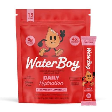 Waterboy Daily Hydration | 1,570mg Electrolyte Powder Packets | No Sugar, All Natural, Gluten Free, Zero Calories | 15 Drink Stick Mixes (Strawberry Lemonade)