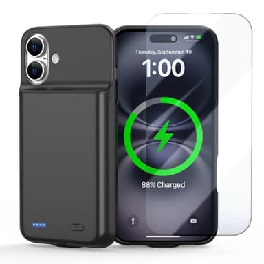 POAQCIF Battery Case for iPhone 16, Ultra-Slim 7000mAh Portable Extended Charging Charger Case [2025 Upgraded] w/Tempered Glass Film for iPhone 16 (6.1inch), Black