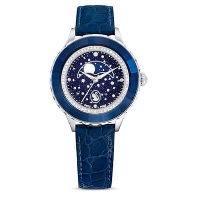 Swarovski Octea Moon Watch, Swiss Made, Moon, Leather Strap, Blue, Stainless Steel