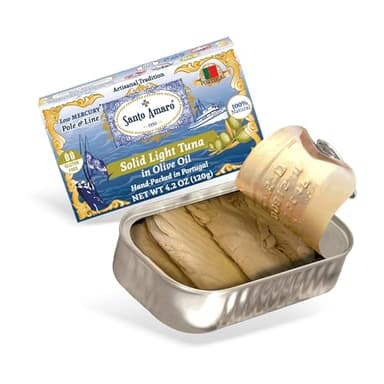 Santo Amaro - Artisanal Wild Tuna Fillets in Virgin Olive Oil, Hand-Packed Canned Tuna from Portugal, Atlantic Natural Tuna, Pole & Line Skipjack Tuna Canned, Low Mercury, 22g Protein Keto, Pack of 3