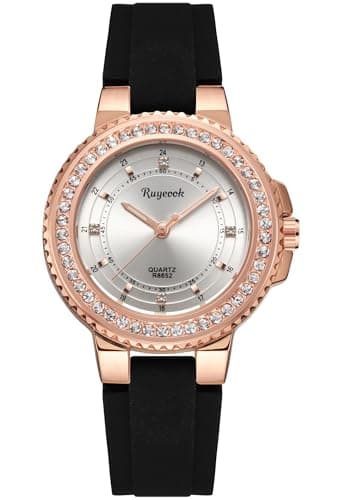RUYEOOK Women's Watch,Crystal Bezel,Quartz Watch for Ladies Female Bling Rhinestone Variety Colors Waterproof Analog Wrist Watches (R8652 White Black)