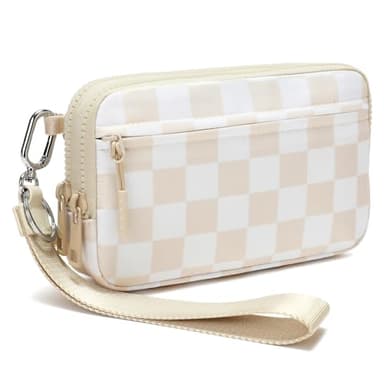 FODOKO Wristlet wallets for women RFID crossbody Wallet with 4 Zippers,Travel Credit Card,Holder Cell Phone Organizer,coin purse (checkered beige)