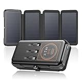 SOARAISE Wireless Solar Power Bank, 25000mAh Solar Charger with Built-in 3 Cables, Dual Outputs, 4 Folding Panels & 3 LED Flashlights, Portable Phone Charger for Outdoor Camping（Black）