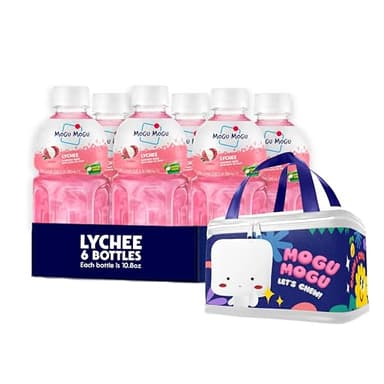 Mogu Mogu Lychee Juice Drink (6 Bottles) with Limited Edition Cooler Bag – Chewy & Fun Lychee Juice with Nata de Coco | Refreshing Drink for Kids & Adults | Ready to Drink Beverage Set