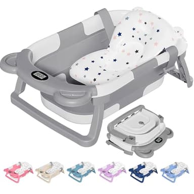 TPN Collapsible Baby Bathtub, Baby Bath Tub with Soft Cushion & Real-Time Thermometer, Baby Bathtub Infant to Toddler Tub (0-36 Months), Portable Newborn Travel Bath tub