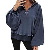 Today Deals Womens Casual Button v Neck Hoodies Oversized Long Sleeve Hooded Pullover Sweatshirt Tops Fall Fashion Clothes 2023 Women's Lightweight Full Zip Hoodie Navy 2X