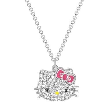 Hello Kitty Sanrio Pave Crystal Pendant Necklace for Women Official License, 16"+3" Sparkly Necklace with Enamel Plating