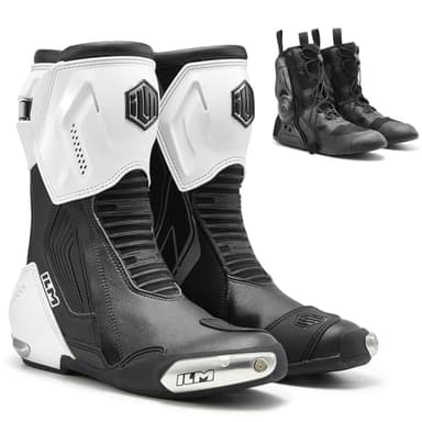 ILM Motorcycle Racing Boots Enhanced Ventilation Anti Slip Street Riding Sport Footwear CE Protective Gear Model BRC1 (Black White, 9.5)