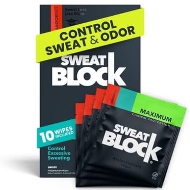 SweatBlock Clinical Strength Antiperspirant Wipes for Men Women Excessive Sweat Protection Hyperhidrosis Treatment Stops Underarm Perspiration Up to 7 Days Includes 10 Individually Wrapped Sweat Wipes