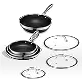 HexClad 7 Piece Hybrid Stainless Steel Cookware Set - 6 Pc Pan Set with Lids and 10 Inch Wok, Stay Cool Handle, Dishwasher and Oven Safe, Non-Stick