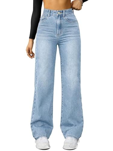 FUNUCA Straight Leg Jeans for Women,High Waisted Wide Leg Loose Microelastic Boyfriend Denim Pants A-Blue