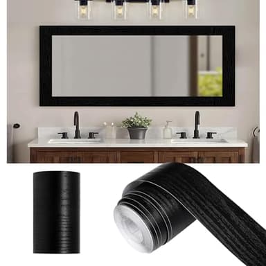 Alened 10M Black Wood Grain Mirror Frame Border Peel and Stick Wallpaper, Removable PVC Waterproof Bathroom Mirror Tape Sticker Trim, Kitchen Wallpaper Self Adhesive Decor Sticker 2" x 393"