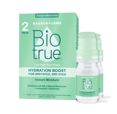 Biotrue Hydration Boost, Preservative-Free Eye Drops for Dry Eyes, Instantly Moisturizes, Rehydrates, Contact Lens Friendly, Refresh & Relieve Eye Irritation, 0.33 FL Oz (Pack of 2)