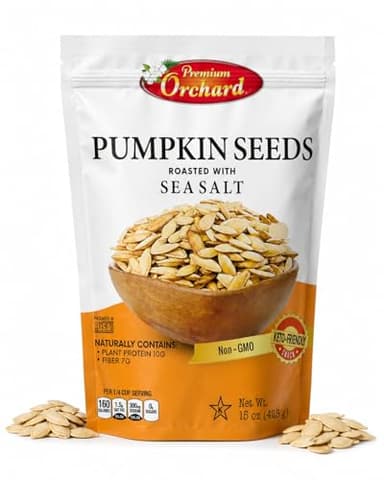 ROASTED PUMPKIN SEEDS to Eat in Shell by Premium Orchards MIXED NUTS - Salted with Sea Salt - Non-GMO Vegan Fresh Healthy Snacks/ - Great source of Plant Protein, Zinc, Magnesium & Iron - 1 Bag