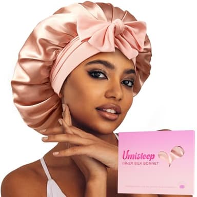 Umisleep Silk Bonnet, Soft Hair Bonnet for Sleeping, Real Mulberry Silk Lining, Bonnets for Women Hair Care, Double Layer Hair Cap with Tie, Large Silk Hair Wrap for Curly Long Hair, Blush Pink