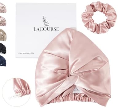 LaCourse Anti-Slip Adjustable Real 22 Momme 100% Mulberry Silk Bonnet for Sleeping Women, Double-Layered Silk Hair Bonnet, One Size (21-24 inch circumference), Pink