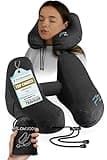 FLOWZOOM Inflatable Travel Pillows for Airplanes - Hooded Travel Neck Pillow Airplane - Adjustable Airplane Travel Pillow with Hood for Long Flight - Plane Pillow - Flight Pillow - Size L, Jet Black