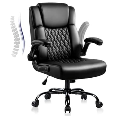 OFIKA Leather Office Desk Chair,Ergonomic Office Chair with Lumbar Support,Computer Chair,Executive Leather Chair with Padded Flip-up Arm,Adjustable Armrests, Black,275LBS