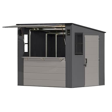 Suncast 8' x 7' Cabana Entertainment Storage Shed, All-Weather Outdoor Backyard Shelter with 2 Windows and Fold-Down Bar Top, Gray