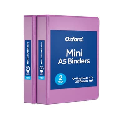 Oxford Mini View Binders, 1" Round Rings, Small Binders for School or Office, Holds A5 Size Paper, 2 Clear Pockets, PVC-Free, Non-Stick, 5.5 x 8.5 inches, Holds 225 Sheets, Purple, 2 Pack (1017047)