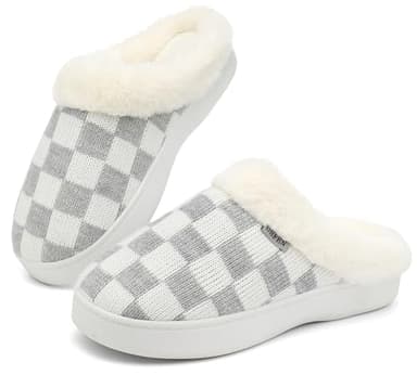 UBFEN Mens Womens Slippers Classic Plaid Winter Warm with Memory Foam Fluffy House Shoes Platform Indoor Bedroom White Grey 9-10 Women/7-8 Men